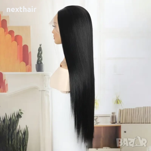 80 см Дантелена черна права перука от висококачествен синтетичен косъм, снимка 4 - Аксесоари за коса - 52231498