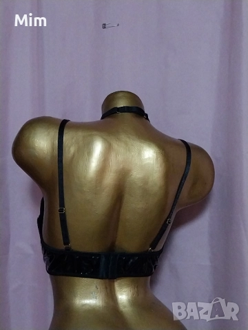 1XL Черен сутиен от лак / винил /със златист синджир с чокър , снимка 6 - Бельо - 52450685