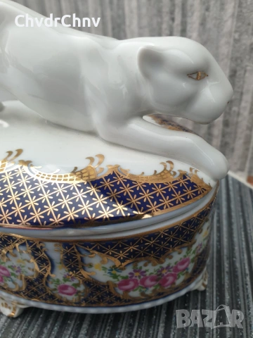 Имперска Русия бижутерка 16см/фигурална стара руска порцеланова кутия за бижута/тигър-пума, снимка 6 - Антикварни и старинни предмети - 53506328