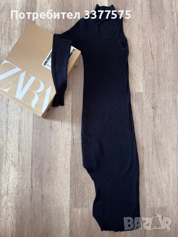 Черна рокля Zara един ръкав дълъг без цепка изразана, снимка 3 - Рокли - 47480863