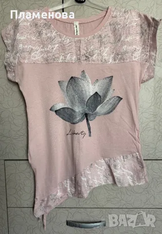 Блуза с къс ръкав от памук и лен S/M, снимка 4 - Тениски - 40879259