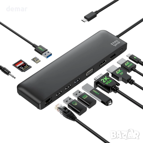 Докинг станция Minthouz, 12 в 1 USB C, VGA+HDMI+DP, 4*USB-A