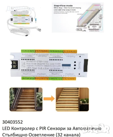Интелигентен LED контролер със сензор за движение за стълби, 32 канала, 12/24V, снимка 6 - Лед осветление - 50680903