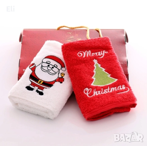 Комплект от 2бр хавлиени кърпи с бродерия с коледни мотиви 