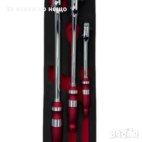 Комплект удължени, усилени тресчотки с плоска глава и функция за обръщане 3 части 1/4", 3/8" и 1/2" , снимка 4 - Други инструменти - 50366343