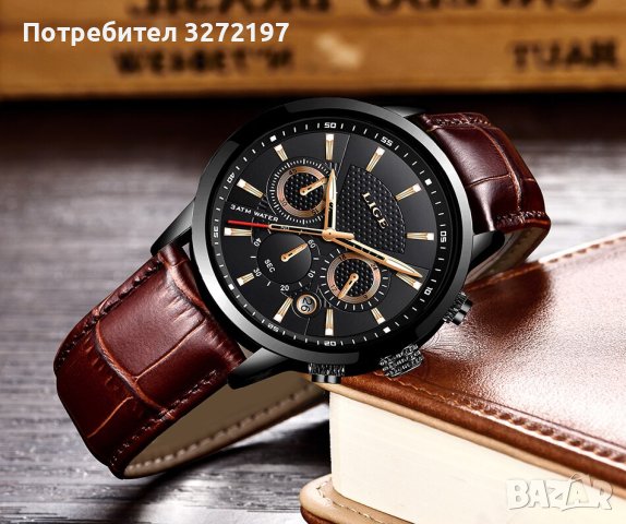 LIGE-Луксозен кварцов часовник,хронограф,дата,кожена каишка,високо качество, снимка 1 - Мъжки - 41424569