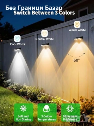 Нови 12 броя Соларни LED лампи за стълби ограда двор 3000K-6000K осветление, снимка 4 - Соларни лампи - 53815817