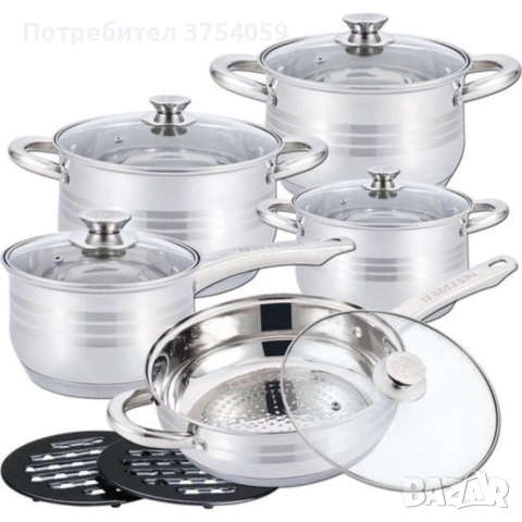 Комплект съдове за готвене 12 части Cheffinger, с индукционно дъно и стъклени капаци , снимка 6 - Съдове за готвене - 53174359