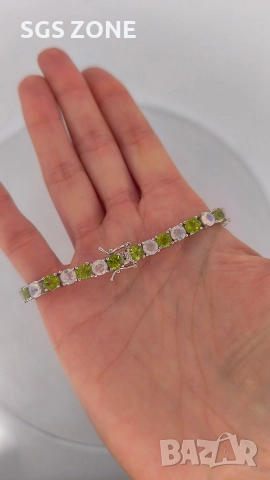 Сребърна гривна с родийно покритие, перидот и лунен камък, снимка 15 - Гривни - 52566116