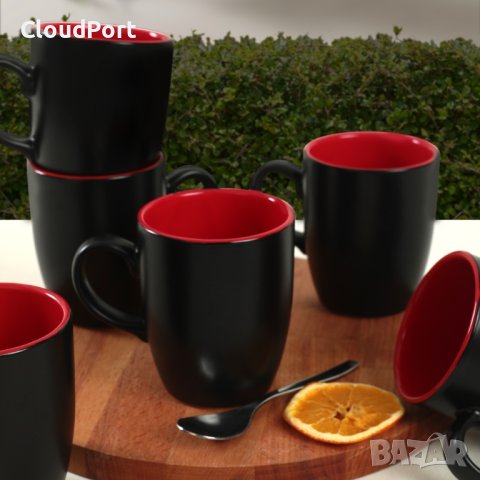 Комплект от 6 чаши, Keramika, керамични, Black-Red, 300 ml, 9 cm, снимка 2 - Чаши - 42341837