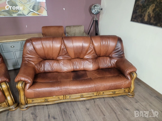 Кафяв комплект дивани тройка,двойка и фотьойл от естествена кожа и дъб, снимка 6 - Дивани и мека мебел - 53754113