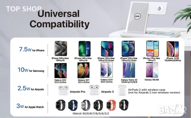 EXW 3в1 сгъваема безжична зарядна станция/стойка за iPhone 15-11,AirPods Pro 3/2,apple watch, снимка 4 - Безжични зарядни - 49308688
