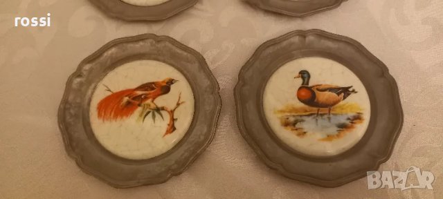 Vintage. 6 бр. нови немски чинии за стена с птици. Подложни чинийки. Калай. Порцелан., снимка 5 - Антикварни и старинни предмети - 48339463