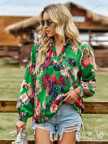 Дамска блуза с флорален принт и V-образно деколте, 4цвята - 023, снимка 2 - Блузи с дълъг ръкав и пуловери - 42038517