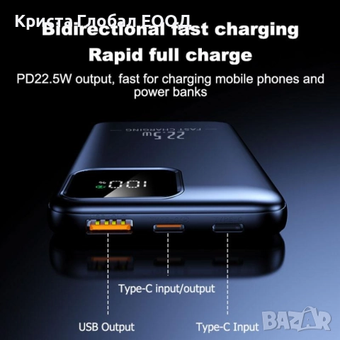 Power Bank CK-027 BLUE 10000 mAh – Компактна преносима батерия, USB-C, Бързо зареждане