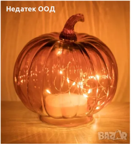 Хелоуин стъклена, тиква, оранжева, LED, 16x14.5cm, снимка 2 - Други - 47521543