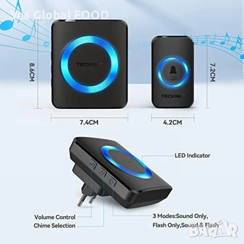 TECKNET безжичен звънец 400 м с 60 мелодии водоустойчив, снимка 6 - Друга електроника - 53243761