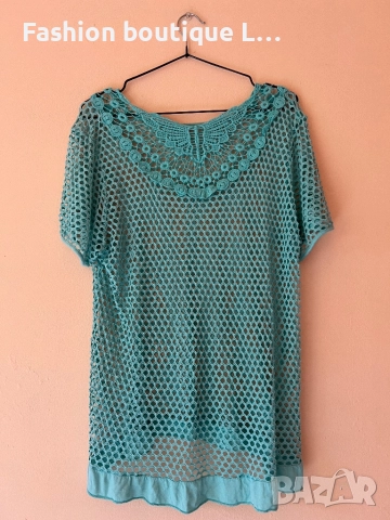 Тюркоазена блуза с дантела къс ръкав L размер 👗