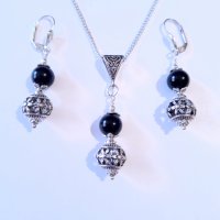Разкошни обеци с камъни Черен диамант и фини филигранни орнаменти в цвят сребро , снимка 8 - Обеци - 41819201