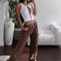 Модерни дамски карго панталони с ниска талия и джобове - 023, снимка 3 - Панталони - 39411271