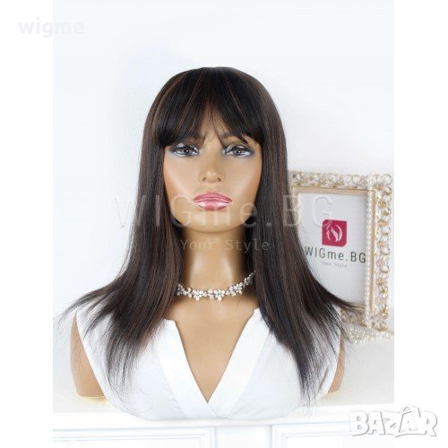 Къса права тъмнокестенява перука с бретон Елия, снимка 1