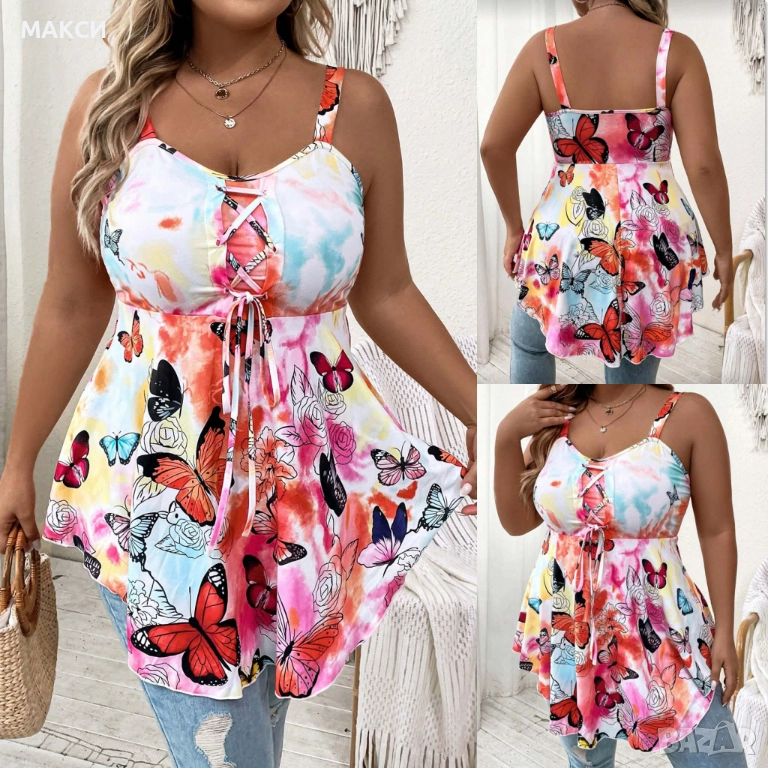 Приказна силно еластична модерна туника с кор. вързалки в многоцветен свеж десен -меко, комфортно тр, снимка 1