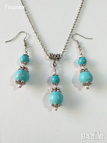 Красив комплект бижута с с Тибетски Тюркоаз и красиви орнаменти в цвят Сребро , снимка 1