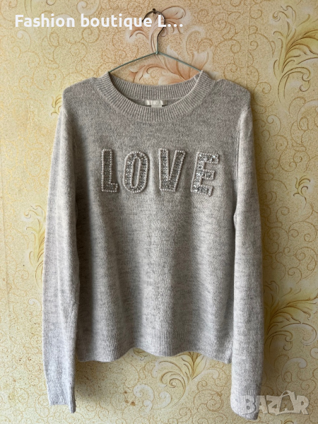 H&M Пуловер с надпис LOVE с перли и пайети S размер 🤍🩶, снимка 1