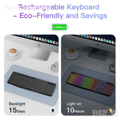 TECURS WK007 Wireless Keyboard – Безжична клавиатура с подсветка, водоустойчива, снимка 4 - Клавиатури и мишки - 53388903
