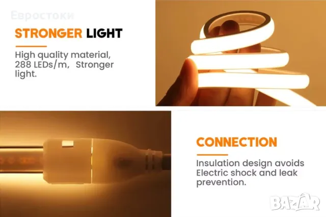 Водоустойчива COB LED лента без самозалепваща се лента, гъвкава,  за вътрешна домашна кухня, външна , снимка 5 - Лед осветление - 49594827