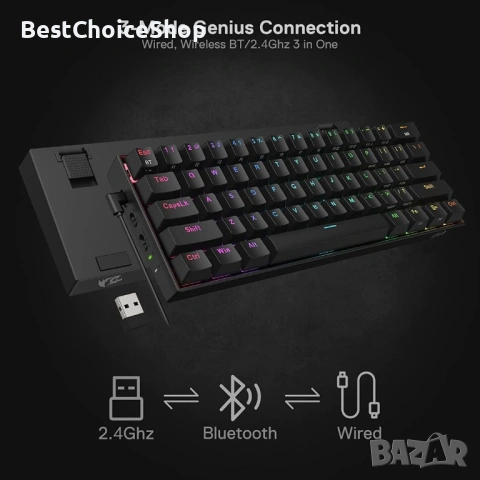 Redragon K530 Pro Draconic 60% безжична гейминг механична клавиатура RGB, снимка 12 - Клавиатури и мишки - 53585098
