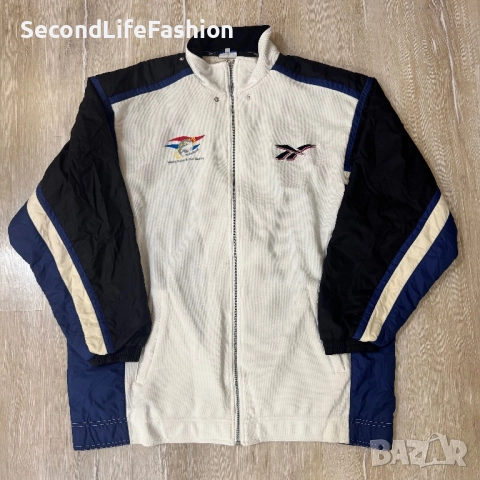 Reebok мъжко Винтидж яке World Police and Fire Games размер XXL, бяло и синьо с цип.