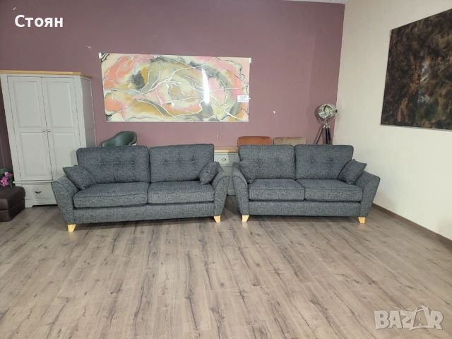 Сив комплект дивани от плат тройка и двойка