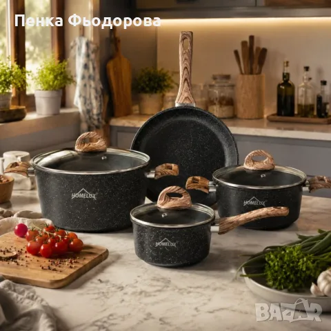 Комплект кухненски съдове с мраморно незалепващо покритие – 3 тенджери с капаци и тиган, снимка 4 - Съдове за готвене - 55927169