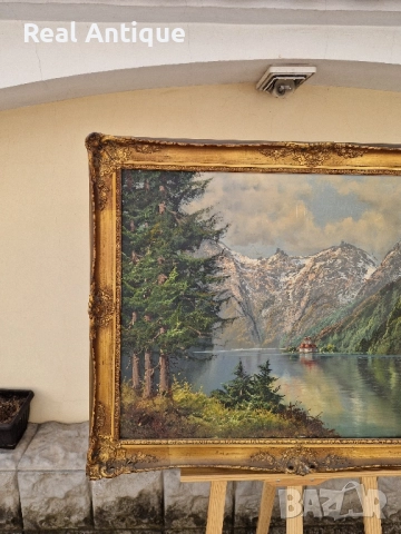 Прекрасна антикварна немска картина масло върху платно , снимка 5 - Картини - 51558554