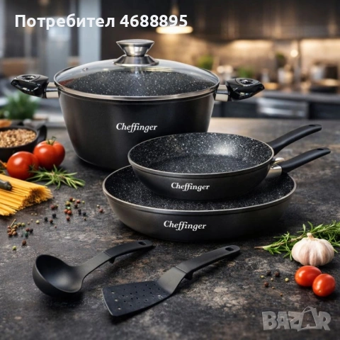 Комплект съдове за готвене 6 части Cheffinger – тенджера 24 см, тигани 24 и 28 см, за индукция, снимка 4 - Съдове за готвене - 53654388