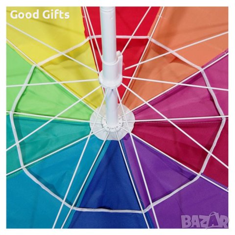 Плажен чадър ветроустойчив многоцветен с халки метална рамка - 2.25м, снимка 2 - Други - 41360314