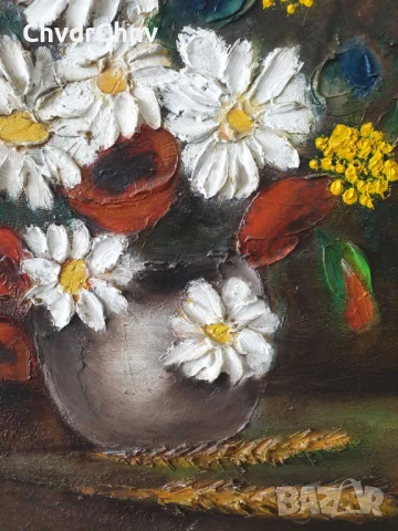 70х60см/голяма стара картина масло върху платно/натюрморт ваза с цветя/маргаритки/дървена рамка, снимка 7 - Картини - 51357434