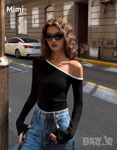 Дамска черна блуза с едно рамо, снимка 3 - Блузи с дълъг ръкав и пуловери - 53325929