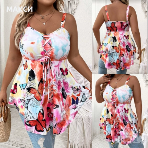 Приказна силно еластична модерна туника с кор. вързалки в многоцветен свеж десен -меко, комфортно тр