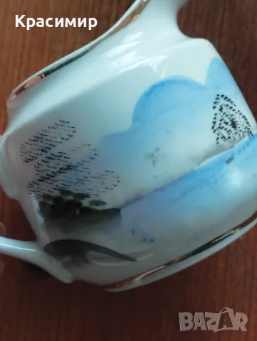 Ръчно рисувана латиера с декор гейши. Износвания на канта при чучура и на места по декора. , снимка 4 - Антикварни и старинни предмети - 47723872