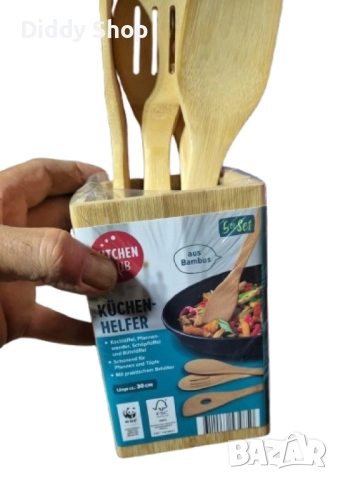 Екологичен комплект бамбукови кухненски прибори с поставка, снимка 3 - Прибори за хранене, готвене и сервиране - 52723244