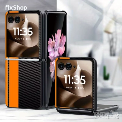 Калъф за Motorola Razr 60 Ultra – карбонов дизайн с оранжева линия – Нов