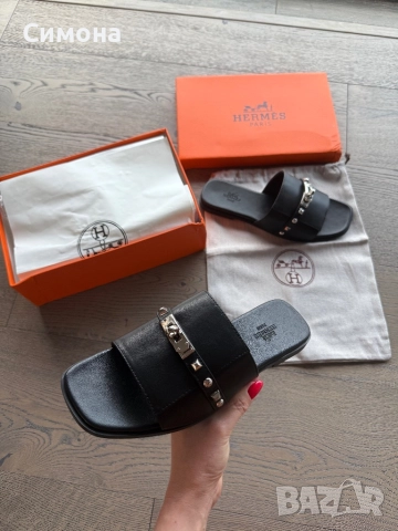 Hermes естествена кожа чехли черни, снимка 2 - Чехли - 51541569