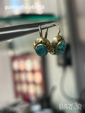 Винтидж златни обеци 14 карата с естествен тюркоаз , снимка 4 - Обеци - 53589099