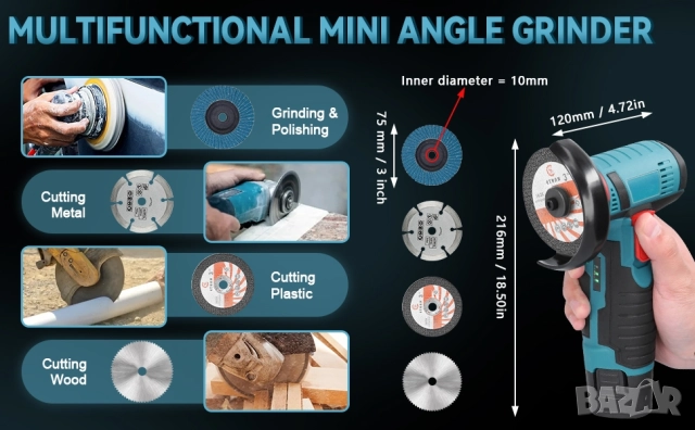 Мини Акумулаторен Ъглошлайф (Ръчна Шлайфмашина) с две батерии и кутия, снимка 10 - Други инструменти - 52436982