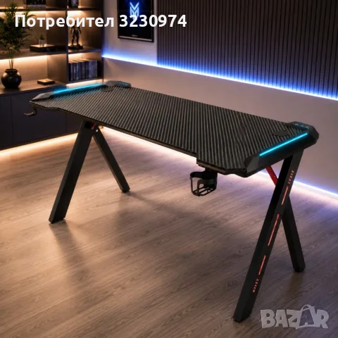 Геймърско бюро 140 см, черно - С поставка за чаша и слушалки, X-образни крака и LED светлини