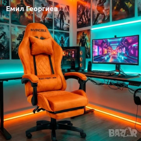 Оранжев велурен геймърски стол с поставка за крака – ергономичен, метална рамка, снимка 3 - Столове за офис - 53237902
