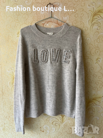 H&M Пуловер с надпис LOVE с перли и пайети S размер 🤍🩶, снимка 1 - Блузи с дълъг ръкав и пуловери - 44767716