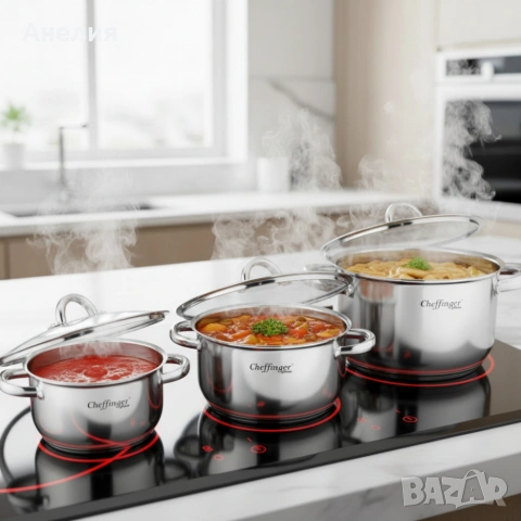 Тенджера от неръждаема стомана Cheffinger с индукционно дъно и стъклен капак, снимка 3 - Съдове за готвене - 53454895